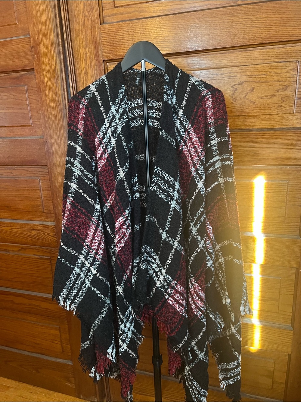 Black and Burgundy Plaid Open-Front Poncho Sweater